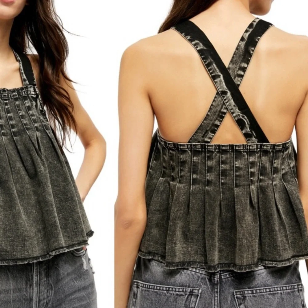 🛑 1 hour sale. Free People, M, pleated baby doll denim - Picture 2 of 11